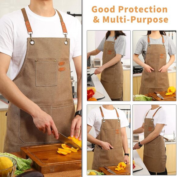 Canvas Cross Back Chef Cotton Aprons for Men Women with Large Pockets - Picture 4 of 7